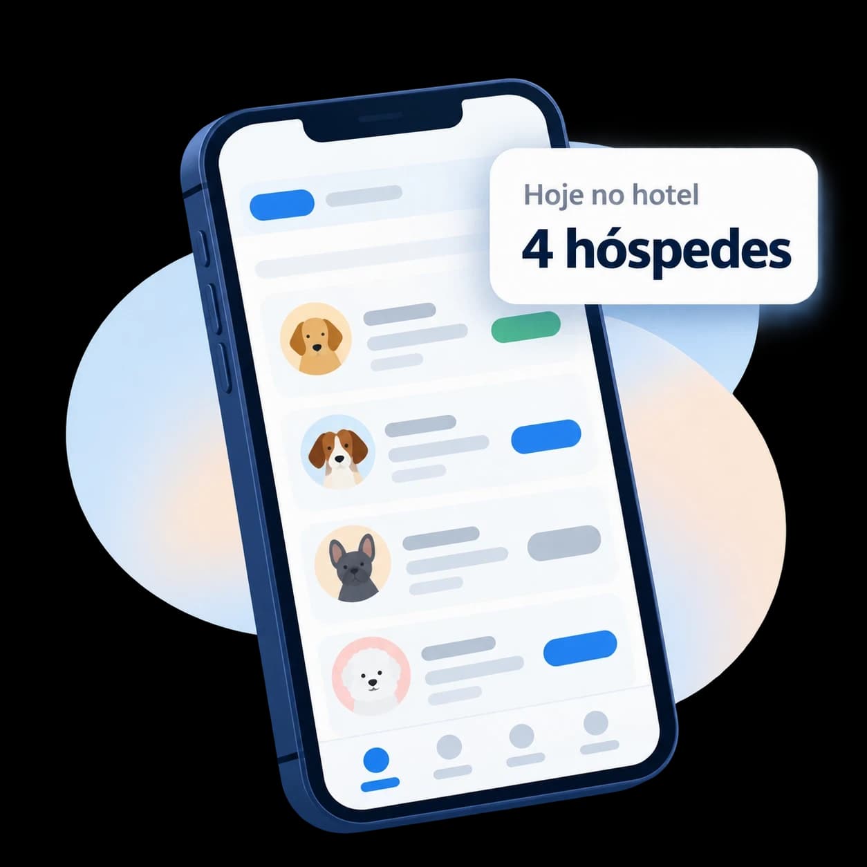 Ilustração da lista do hotelzinho no celular, com quatro hóspedes do dia.